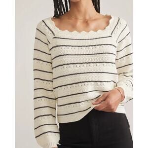 Marine Layer Sara Crochet Top Striped Square Neck Striped Ballon Sleeve Sweater